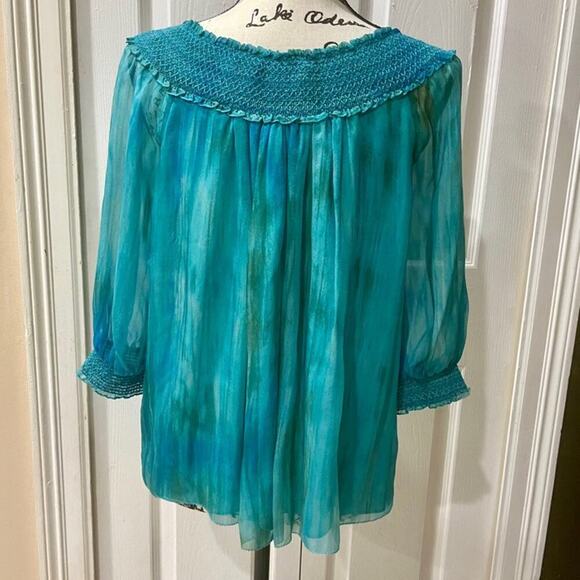 ALICE+OLIVIA BLOUSE OVERSIZED TEAL TIE DYE OFF SHOULDER BOHO CHIC HIPPIE Sz XS - Picture 11 of 13